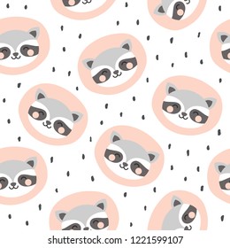 raccoon cute seamless pattern, cartoon background, vector illustration