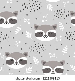 raccoon cute seamless pattern, cartoon background, hand drawn forest background with flowers and dots vector illustration