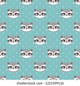 raccoon cute seamless pattern, cartoon background, vector illustration