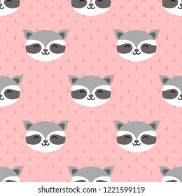 raccoon cute seamless pattern, cartoon background, vector illustration