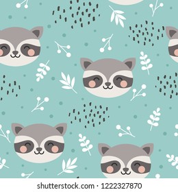 raccoon cute seamless pattern, cartoon background, hand drawn forest background with flowers and dots vector illustration