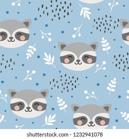 raccoon cute seamless pattern, cartoon background, hand drawn forest background with flowers and dots vector illustration