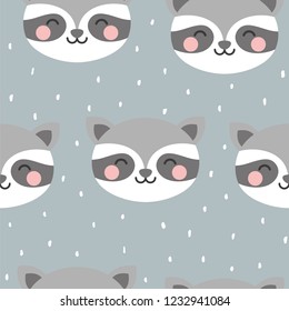raccoon cute seamless pattern, cartoon background, vector illustration
