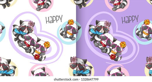 Raccoon cute seamless pattern. cartoon background. vector illustration. - Vector