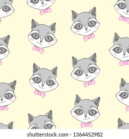 raccoon cute seamless pattern, cartoon background, vector illustration