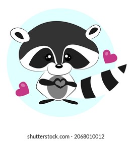 Raccoon cute shows a heart with his hands cute illustration in cartoon style Cute cartoon raccoon funny Emotion Animal cartoon character design isolated on white background Vector illustration
