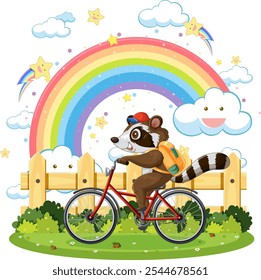 A raccoon cycles happily beneath a colorful rainbow