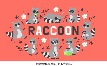 Raccoon in different positions doing various activities banner vector illustration. Cartoon female character washing clothes in bowl other sleeping, walking, sitting, holding child.