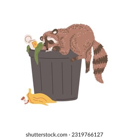 Raccoon digging in trash can flat style, vector illustration isolated on white background. Decorative design element, animal with striped tail, funny character