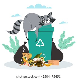 Raccoon digs through trash garbage can isolated composition. Vector graphic design illustration element