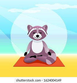 Raccoon is doing yoga. Sits in a lotus position. Sport lifestyle. Relaxation and meditation. Yoga mat. Sea.