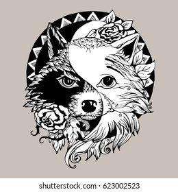 Raccoon drawing, yin and yang, vector illustration for tattoo, print or design