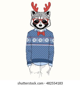 raccoon dressed up in jacquard pullover, anthropomorphic illustration, fashion animals