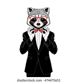 raccoon dressed up in tuxedo adjusting his bow tie, anthropomorphic illustration, fashion animals