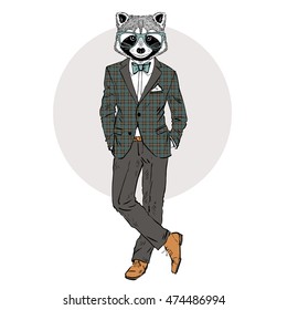 raccoon dressed up in tweed suit, furry art illustration, fashion animals