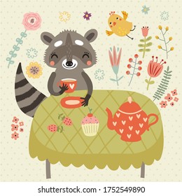 Raccoon drinking tea. Illustration, vector postcard