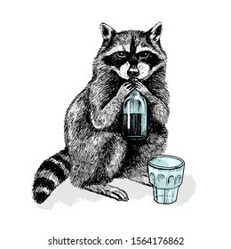 Raccoon drinks from a bottle with glass. Funny vector illustration on t-shirt, cover, backgroud, label. Hand drawn style character, personage