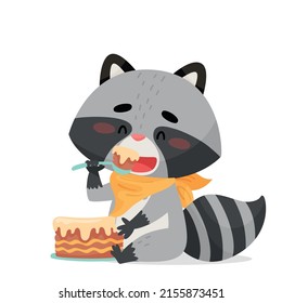 A raccoon eats a piece of cake with a spoon on the floor. He has a napkin around his neck. Drawn in cartoon style. Vector illustration for designs, prints and patterns. Isolated on white background