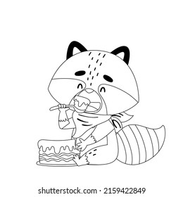 A raccoon eats a piece of cake with a spoon on the floor. He has a napkin around his neck. Drawn in cartoon style. Vector illustration for designs, prints and patterns. Isolated on white background