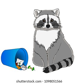 Raccoon eats from the trash. A garbage can of street thief and homeless. Object on white background vector illustration