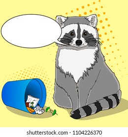 Raccoon eats from the trash. A garbage can of street thief and homeless. Pop art vector illustration on an orange background text bubble