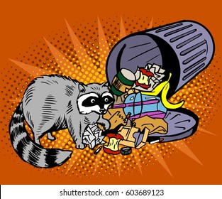 Raccoon eats from the trash. A garbage can of street thief and homeless. Pop art vector illustration on an orange background
