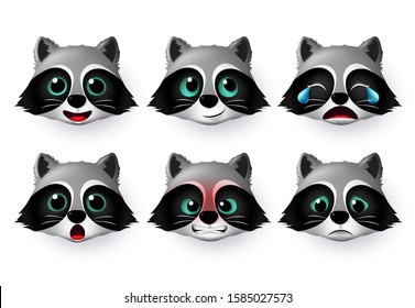 Raccoon emoticon or emojis vector set. Raccoon emoji face head animal character in cute expressions with angry, crying, surprise, sad naughty and happy isolated in white background. Vector illustration.