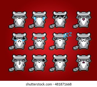 Raccoon emoticons set. Pixel art. Old school computer graphic style. Kawaii japanese. Game elements.