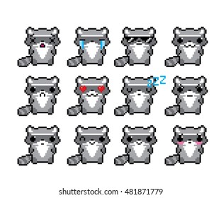 Raccoon emoticons set. Pixel art. Old school computer graphic style. Kawaii japanese. Game elements.