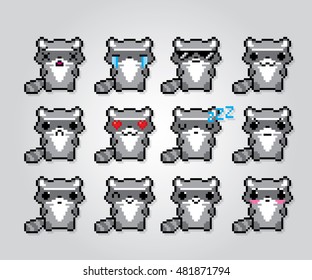 Raccoon emoticons set. Pixel art. Old school computer graphic style. Kawaii japanese. Game elements.