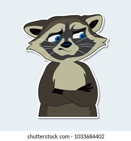 Raccoon with an emotion of disgust. Raccoon with folded paws. Sticker. Smile. Eps 10.