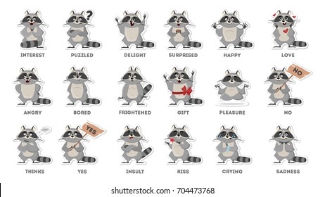 Raccoon emotions set on white background. Funny cartoon emoji.