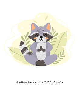 Raccoon is engaged in yoga. Vector illustration of a meditating animal. Forest animal. Cute raccoon in cartoon style on the background of leaves.Creative illustration.T-shirt print.Isolated background