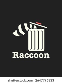 Um guaxinim entra em uma lata de lixo com apenas sua cauda visível. Logotipo de mascote e conjunto de vetor adesivo EPS