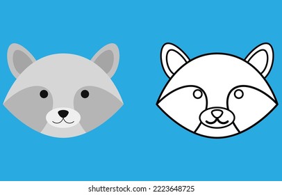 Raccoon face cartoon character. Cute outline raccoon animal face coloring book for kids. Vector illustration. Outline icon raccoon head. Cartoon face logo.