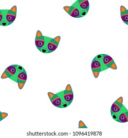 raccoon face repeated pattern drawing in tribal style. wild animal seamless background. funny cartoon character. geometric ornament on animal face. 