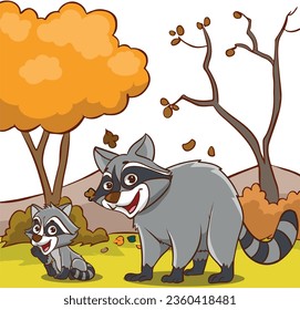 Raccoon family in the forest. Vector illustration.