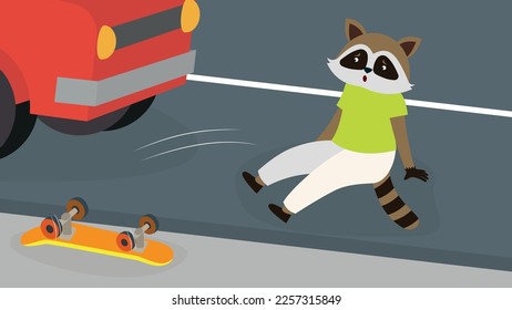 The raccoon fell off the skateboard onto the road in front of the car