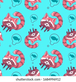 Raccoon with fish on blue backdrop. Mammal seamless pattern for wallpaper, wrapping paper, sleeper, bath tile, apparel or bed linen. Phone case or cloth print. Cartoon style stock vector illustration