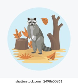 Raccoon Flat Vector Colorful with Autumn Nature Background Elements