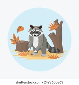 Raccoon Flat Vector Colorful with Autumn Nature Background Elements