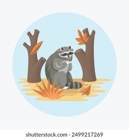 Raccoon Flat Vector Colorful with Autumn Nature Background Elements