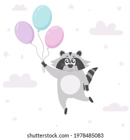 Сute raccoon flies on balloons. Vector children's illustration for a nursery. Animal illustrations in pastel, minimalistic colors.