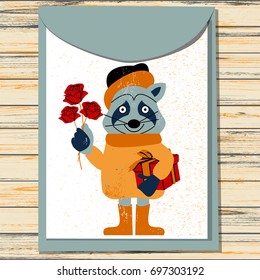 Raccoon with flowers and a gift postcard isolated
