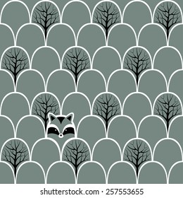 Raccoon in a forest seamless pattern. Vector design background.