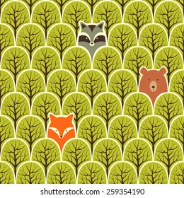 Raccoon, fox and bear in a forest seamless pattern. Vector design background.