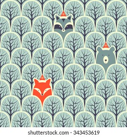 Raccoon, fox and bear in a forest seamless pattern. Vector design background.