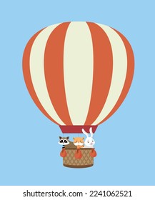 A raccoon, a fox and a hare are flying in a balloon