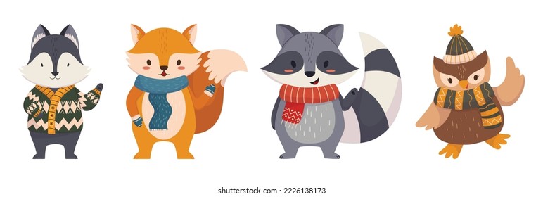 Raccoon, Fox and Owl Wear Funny Scandinavian Winter Sweaters and Scarf Waving Hand Greeting New Year or Christmas. Cute Forest Animals Cartoon Xmas Characters Celebrate Holidays. Vector Illustration