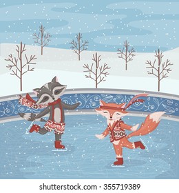 Raccoon and fox at the rink.
